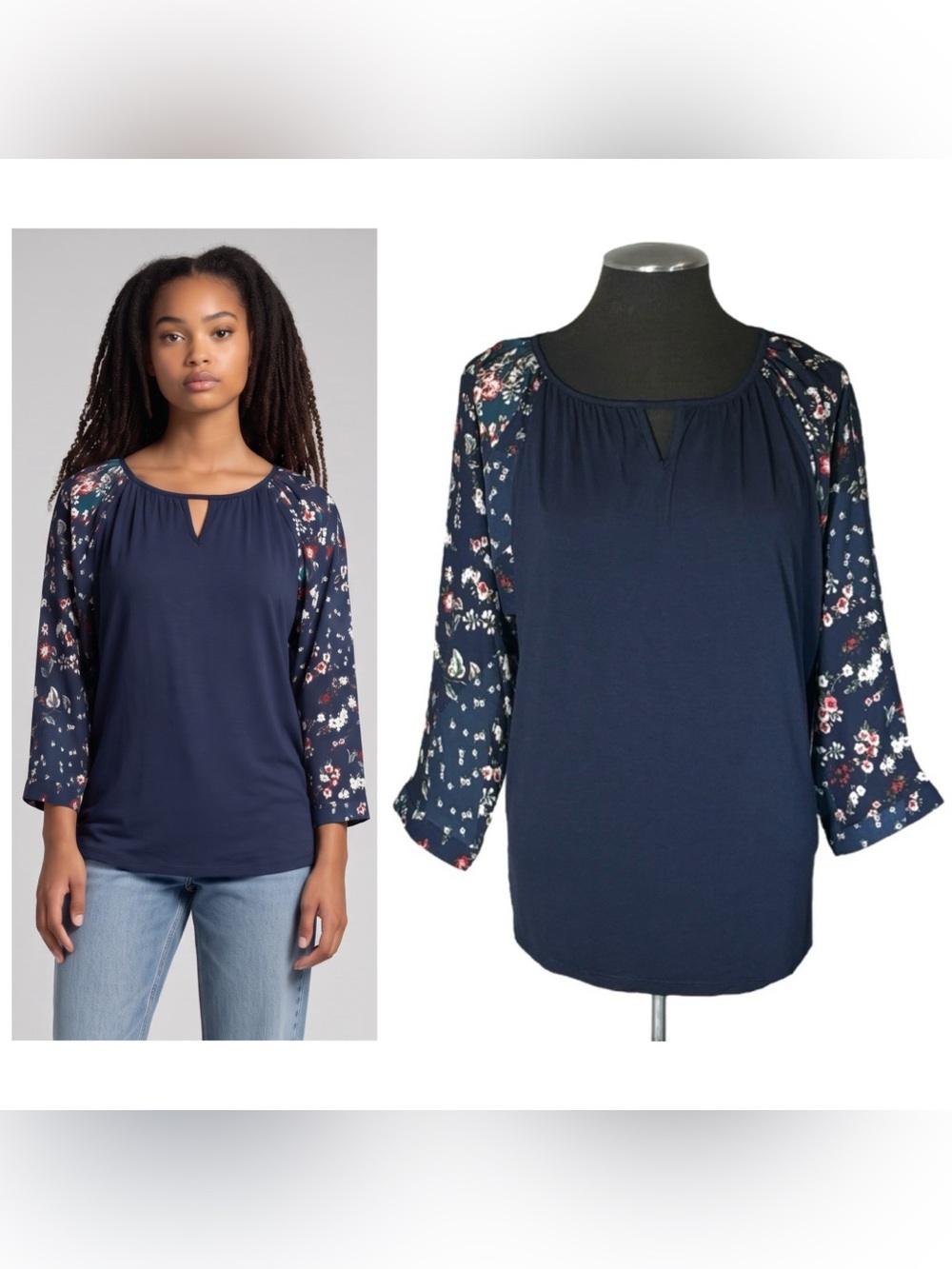 🆕 Westport – Floral Mixed Media Long Sleeve Keyhole Top – Medium